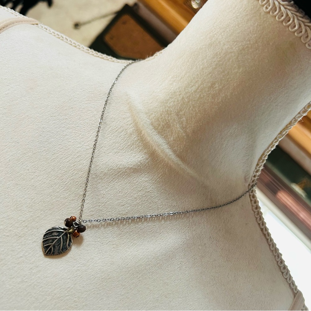 Handcrafted bead cluster botanical leaf pendant on chain necklace